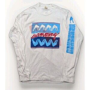 Vintage Screen Stars 1984 Swimming Graphic White Long Sleeve Shirt Size Small